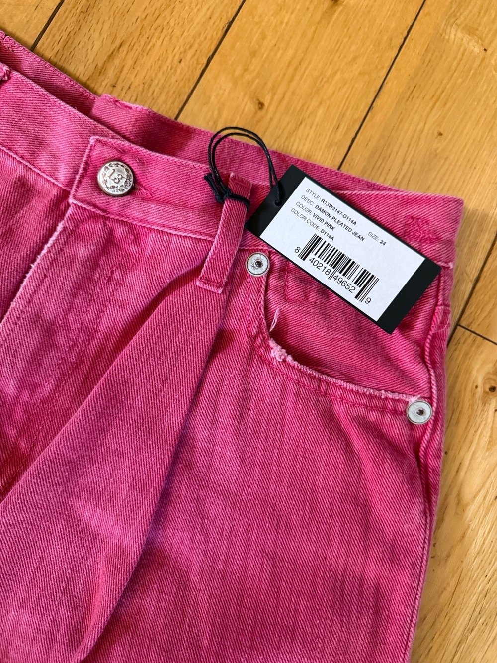 NWT R13 Damon Pleated Women Jeans 24 Vivid Pink Wide Leg Zip Pocket Denim